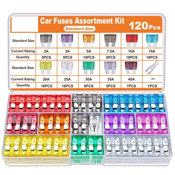 120Pcs Standard Fuse Kit, Car Fuses Assortment Kit,Blade Fuses Automotive for RV Vehicle Motorcycle (2A /3A / 5A/ 7.5A/ 10A/ 15A/ 20A/ 25A/ 30A/ 35A/40A) Auto Fuse Puller