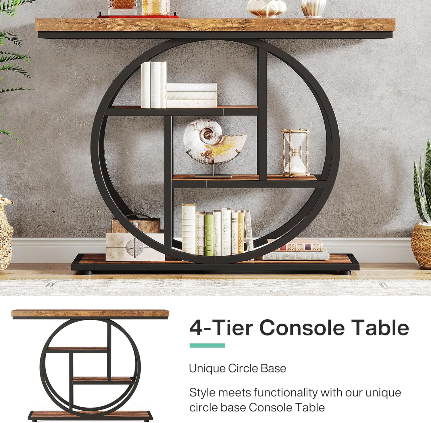 Finmind Industrial 4-Tier Sofa Table with Circle Base, 41.3" Console Table Narrow Wood Accent Tables with Storage Shelves for Living Room, Hallway, Foyer, Rustic Brown