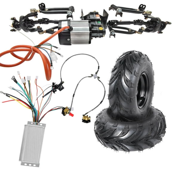 Front Axle Kit 4 Wheel Drive Half Axle Assembly Shock Swingarm Tie Rod & 48V 1000W Differential Motor Controller Brake & 145/70-6 Wheels Tires for Electric Go Kart ATV Quad Buggy Golf Cart