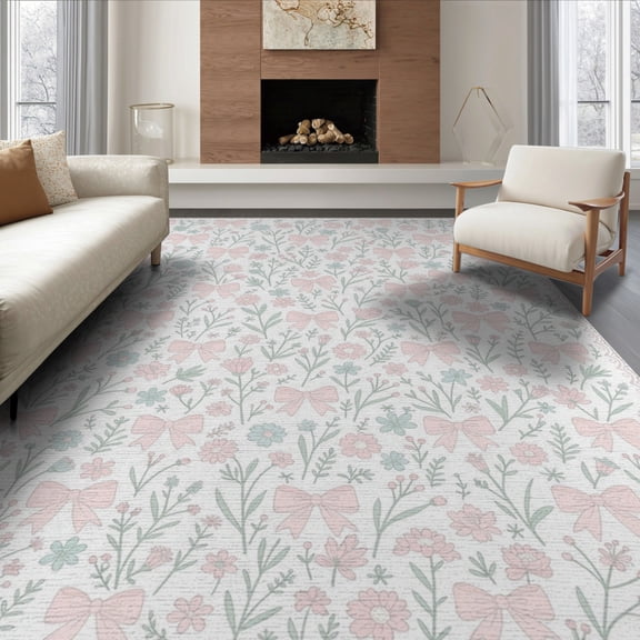 ODIKA 8'x10' Washable Area Rug Pink Delicate Ribbon Scattered Blossoms Sage Coquette Blush Freeform for King Size Bedroom Under Bed, Master Suite, Non-Shedding, Easy Care