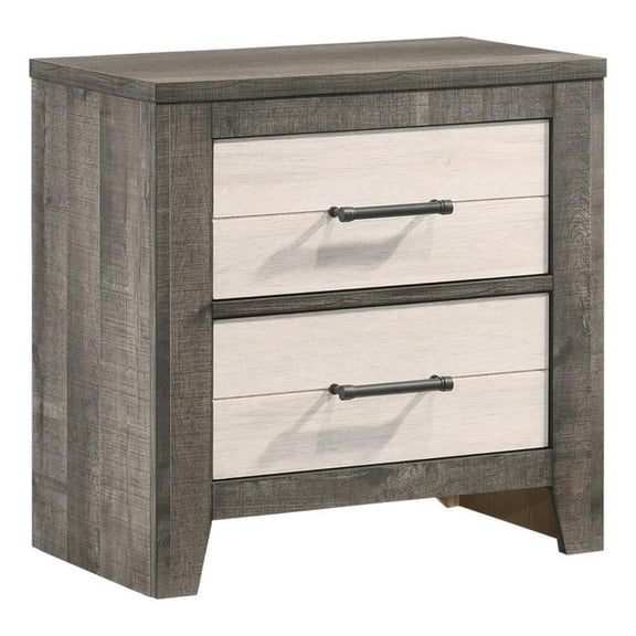 Benjara Yaz 25" Modern 2 Drawer NightStand- Bar Metal Handles- White & Gray