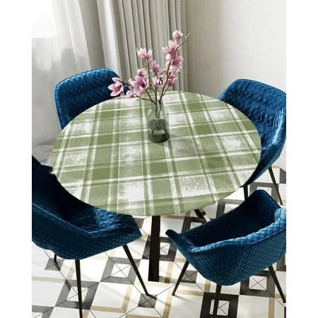 

Round Fitted Tablecloth Sage Green Watercolor Mottled Checkered Plaid Elastic Edged Table Cover Protector Waterproof Rectangle 40 -44