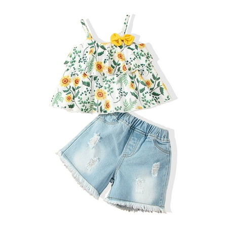 

Newborn Baby Girls 2Pcs Clothes Suit Summer Sleeveless Floral Vest Sling Shirt Tops Ripped Denim Shorts Outfits Set 9-12 Months