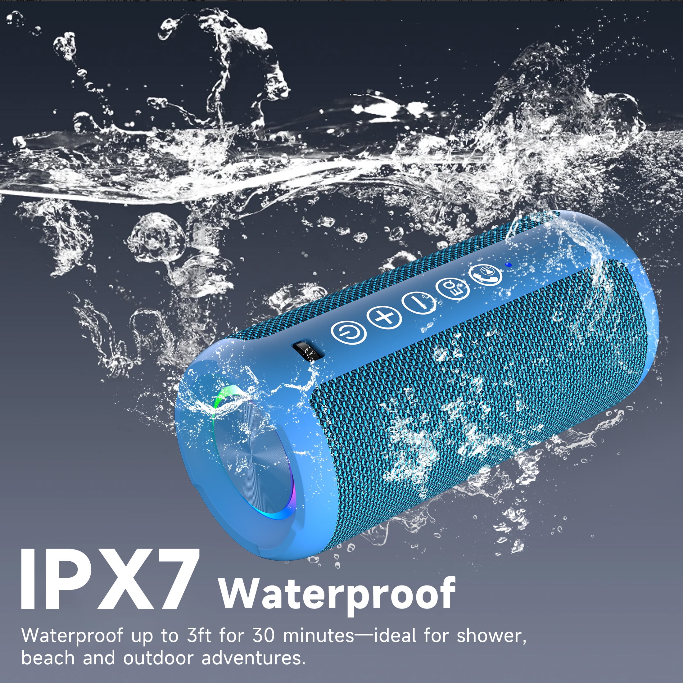 Solorage Portable Bluetooth Speaker IPX7 Waterproof, 24W Loud Sound, Deep Bass, Bluetooth 5.3, 30H Playtime, Wireless Stereo Pairing, LED Lights, for Home/Beach/Party/Outdoors-Blue