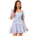 thumbnail image 1 of INSPIRE CHIC Robe Courte Évasée pour Femme à Encolure Cœur Fleurie, Manches Bouffantes, Coupe Ajustée, 1 of 5