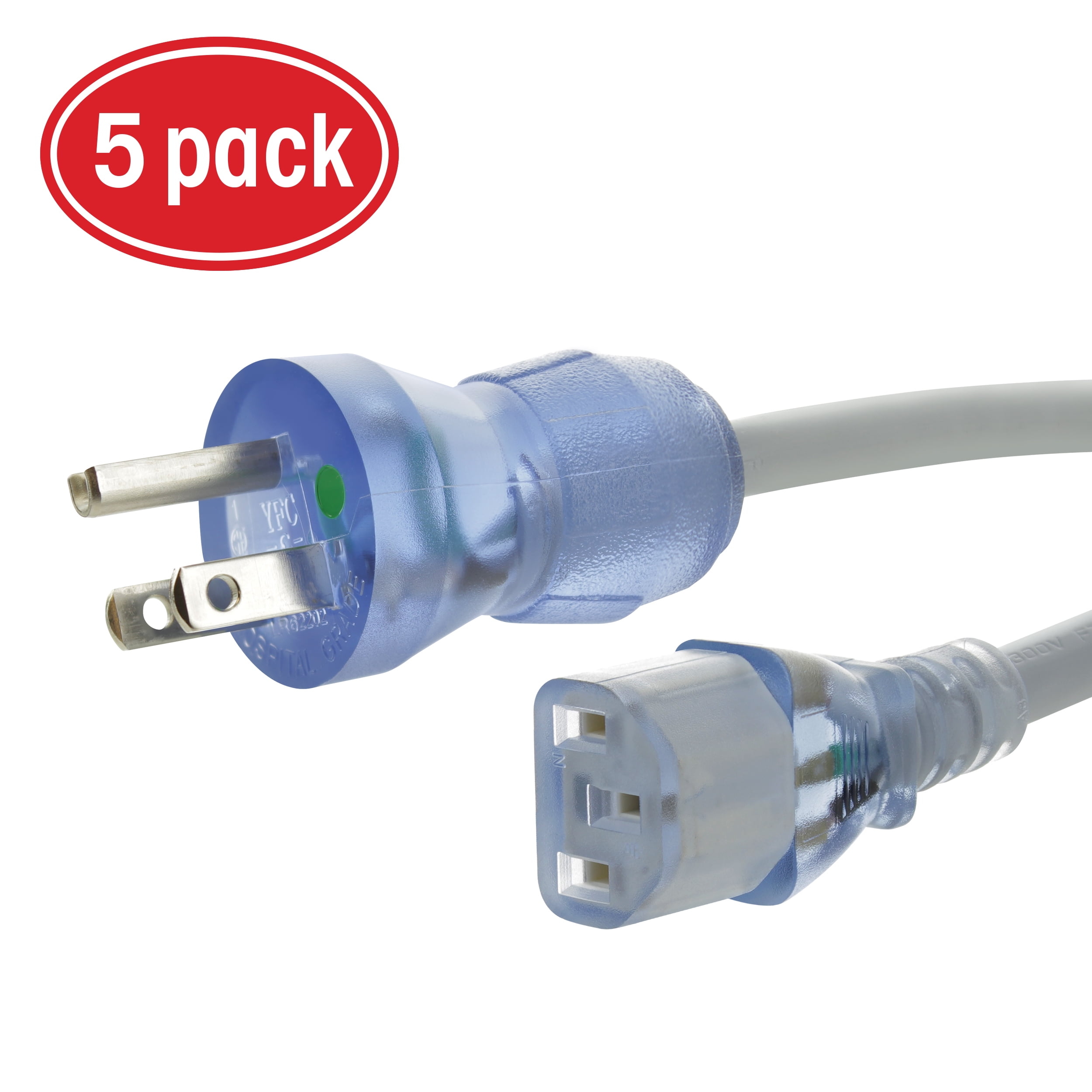 GearIT (5Pack) 15 Feet 18 AWG Professional Hospital Grade Power Cord