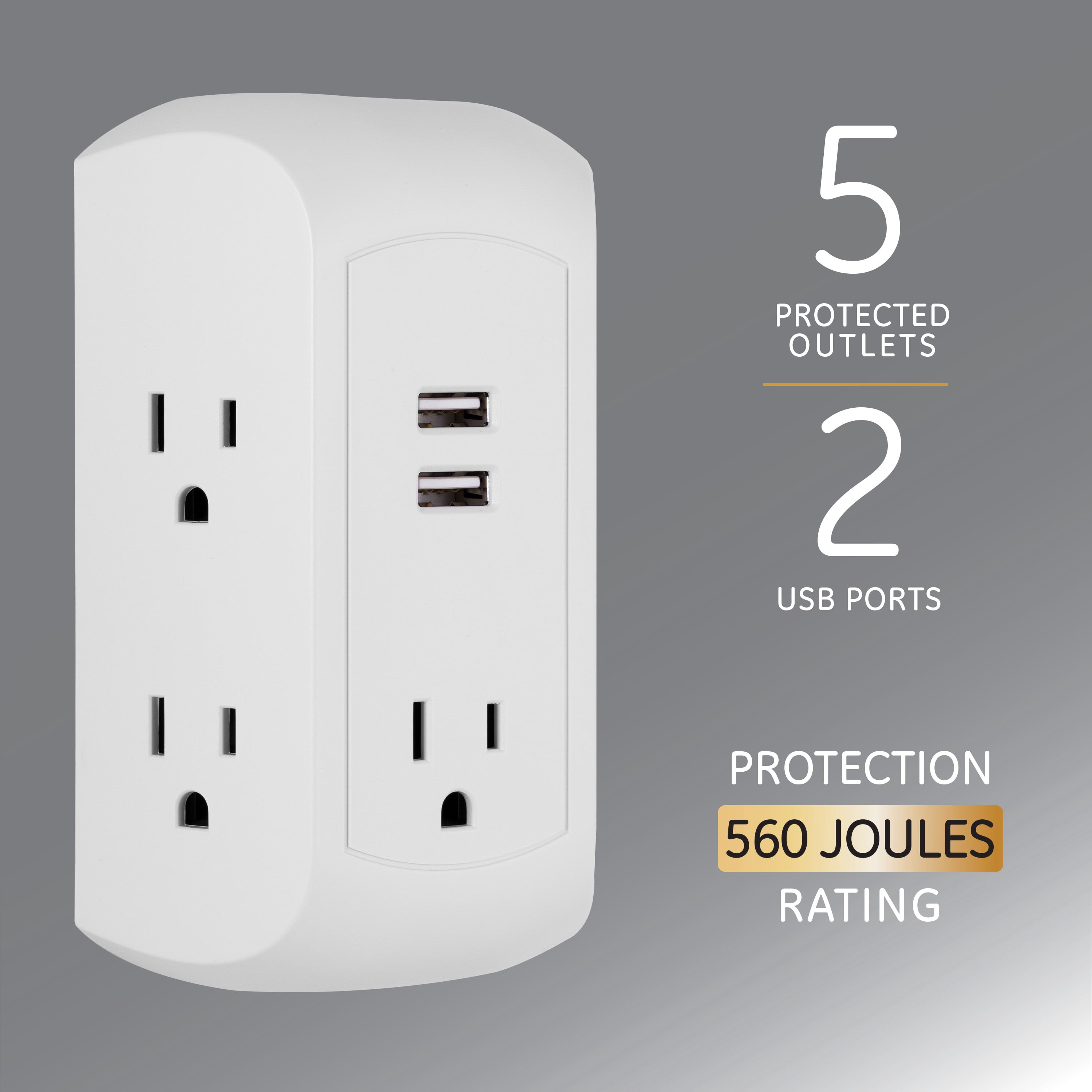 GE UltraPro 5-AC, 2-USB Side-Access Surge Protector, 560J, White – 58297