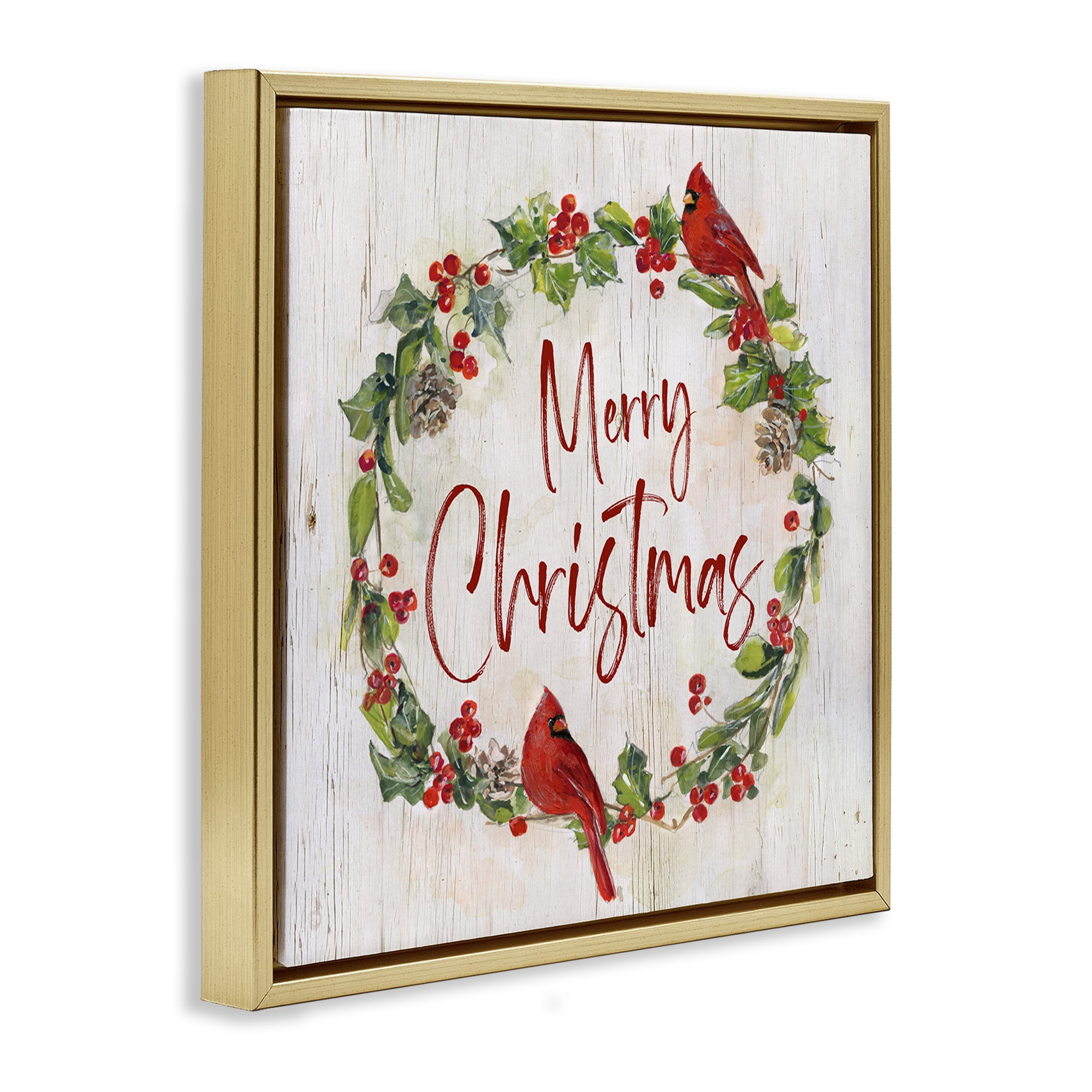 Stupell Industries Christmas Seasonal Wreath Holiday Painting Gold Floater Framed Canvas Art Prints Wall Art, 25 x 25