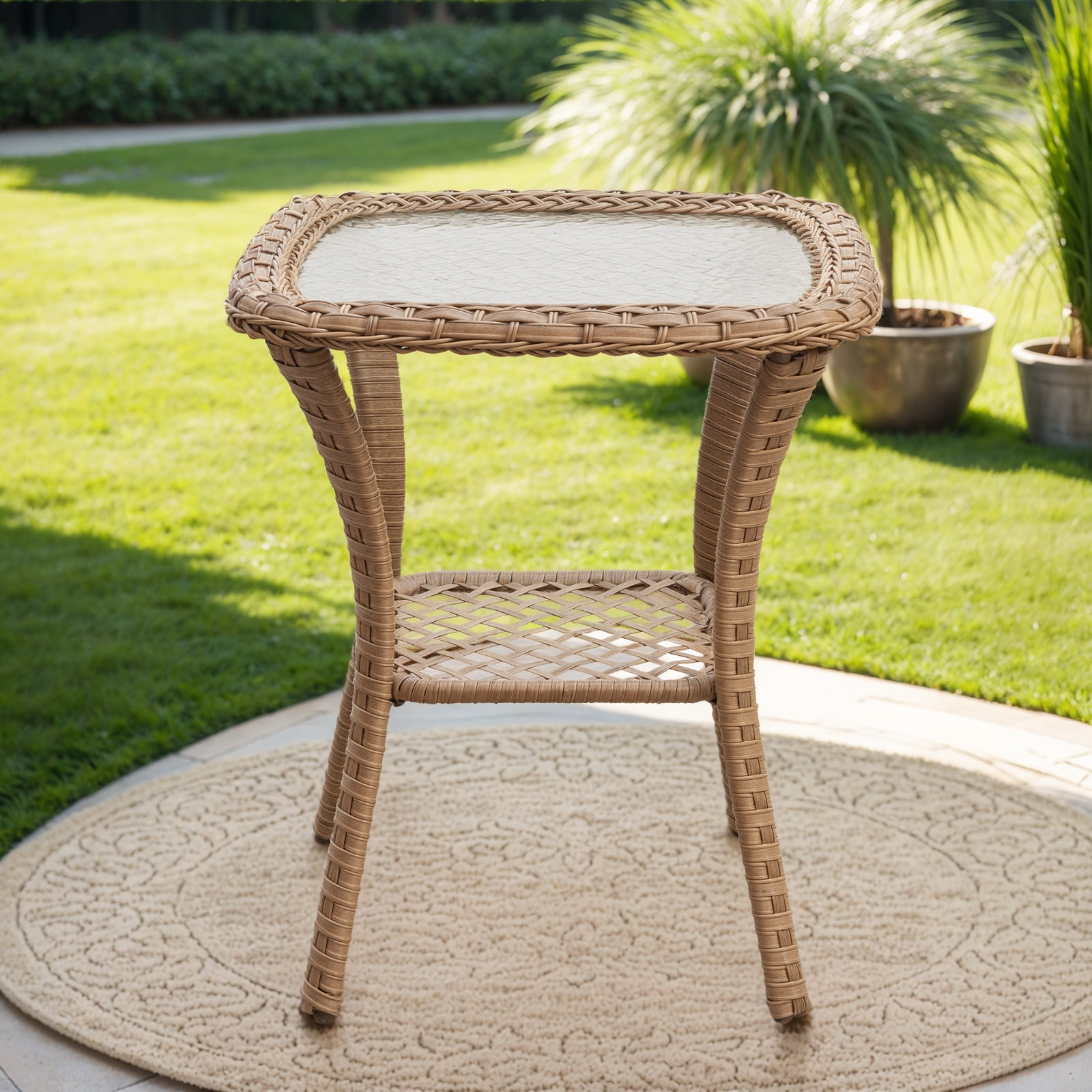 PARKWELL Outdoor Patio Side Table Square Wicker End Table with Glass Top, Yellow