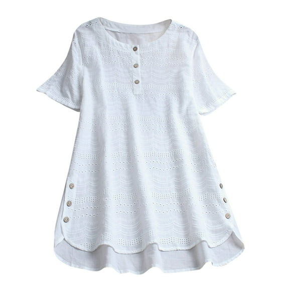 Summer Tops for Women Casual Embroidery Eyelet Short Sleeve Lightweight T Shirt Tops Button Down Crew Neck Loose Fit Tee Shirts Raglan Tunic Womens Longer Length Shirt Stretchy X White M