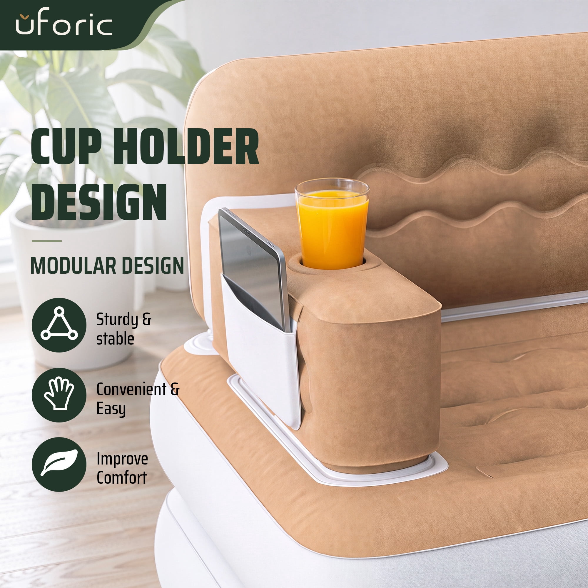 Uforic Queen Size 2-in-1 Convertible Inflatable Air Sofa Bed with Wave Headboard, Built Pump, Cup Holders & Storage Pocket for Guest Room Camping, Khaki