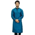 thumbnail image 2 of Atasi Men's Casual Dupion Long Kurta Blue Mandarin Collar Ethnic Shirt-Small, 2 of 9
