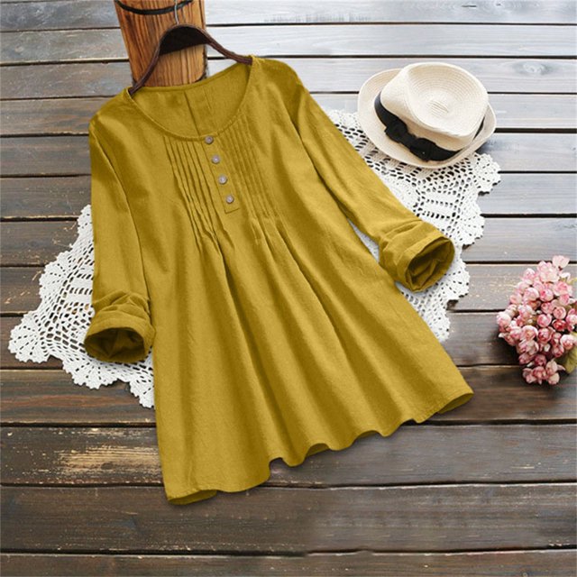 Pxiakgy Hauts Grande Taille pour Femmes Hauts Rétro Amples Design Col Rond Mince Respirant Coton Lin Jaune + L