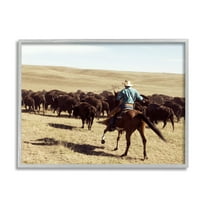 Stupell Industries Cowboy & Cattle in Desert Animals & Insects Photography Gray Framed Art Print Wall Art, 14 x 11