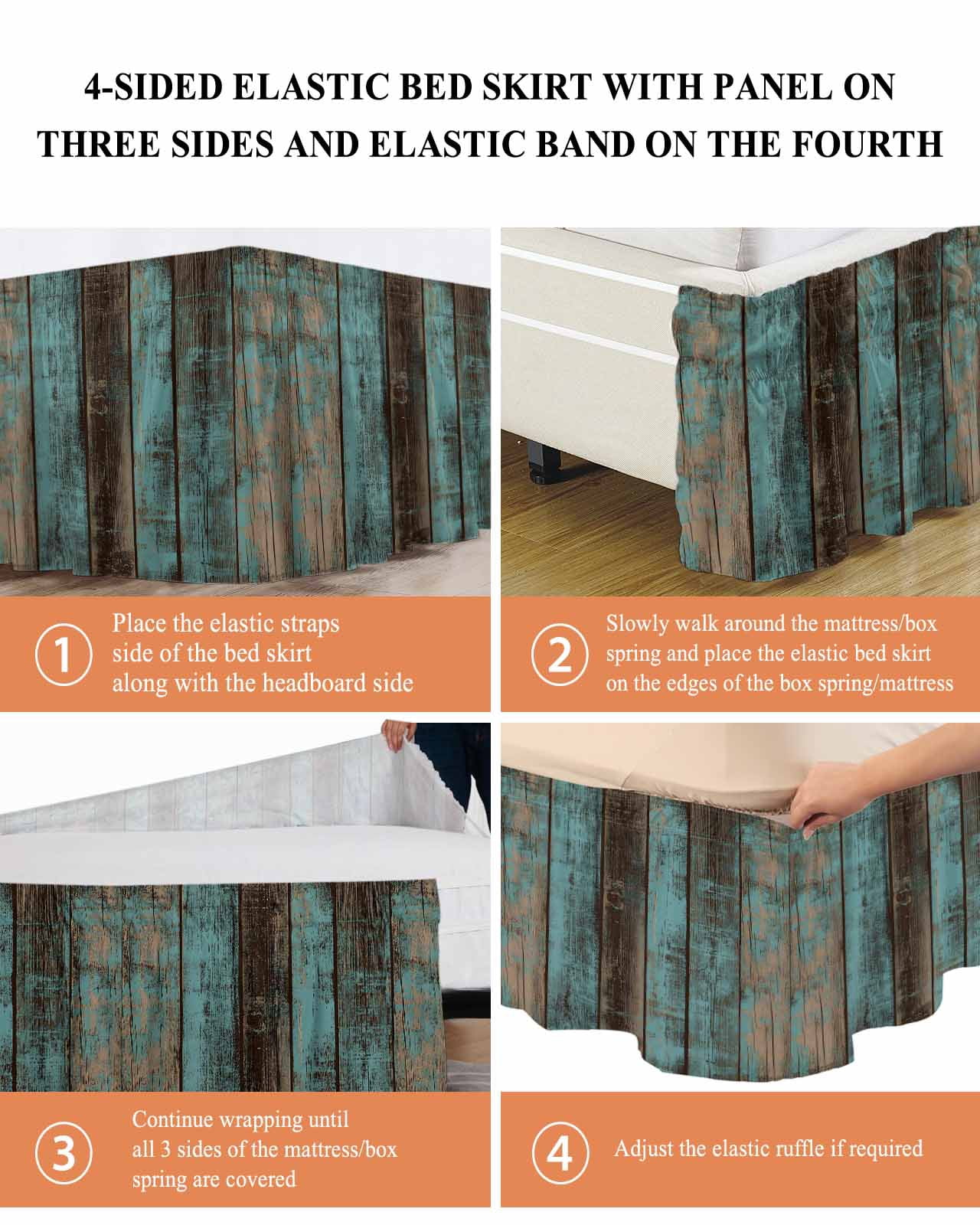 Teal Wood Grain Wrap Around Bed Skirts for Queen Bed 16" Drop,Bed Skirt with Adjustable Elastic Belt Dust Ruffle Bed Valance for Bedroom Hotel Gradient Farm Old Wooden Board Vintage Bed Frame Cover
