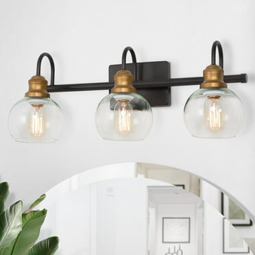 LNC 3-Light Modern Matte Black and Gold Globe Clear Glass Farmhouse Vanity Light Bar