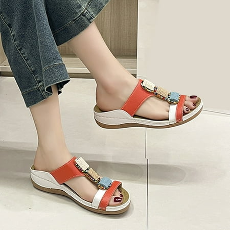 

UIX Ladies Summer Solid Colour Pearl Hollow Breathable Slope with Thick Bottom Large Size Sandals Slippers