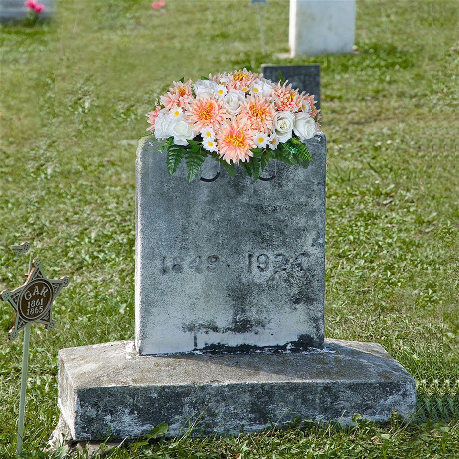 Artificial Cemetery Flower Saddles for Graves, Cemetery Memorial Flowers for Outdoor Tombstone Headstone Decorations, Lily Rose Gerbera Flowers Saddle, Green