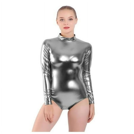 Speerise Adult Silver Turtleneck Shiny Gymnastics Leotard Costumes Ballet Dance Long Sleeve Zip Up Metallic Tank Leotard LYH