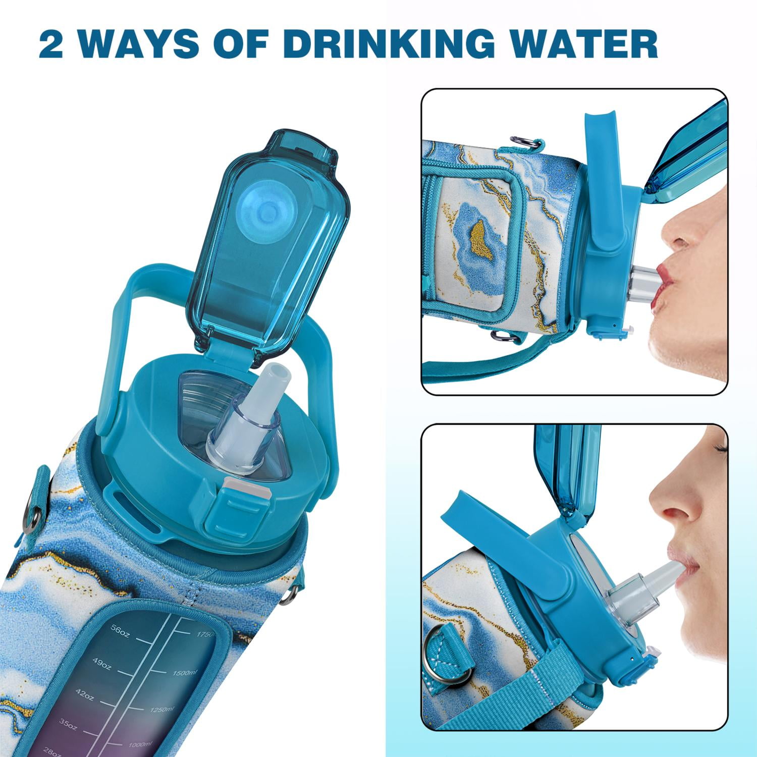 Blue Marble 64 Oz Water Bottle with Sleeve - BPA Free Leakproof Sport Large Plastic Water Bottle with Straw & Time Marker & Insulated Neoprene Holder Carrier Bag Great Gift for Women Men