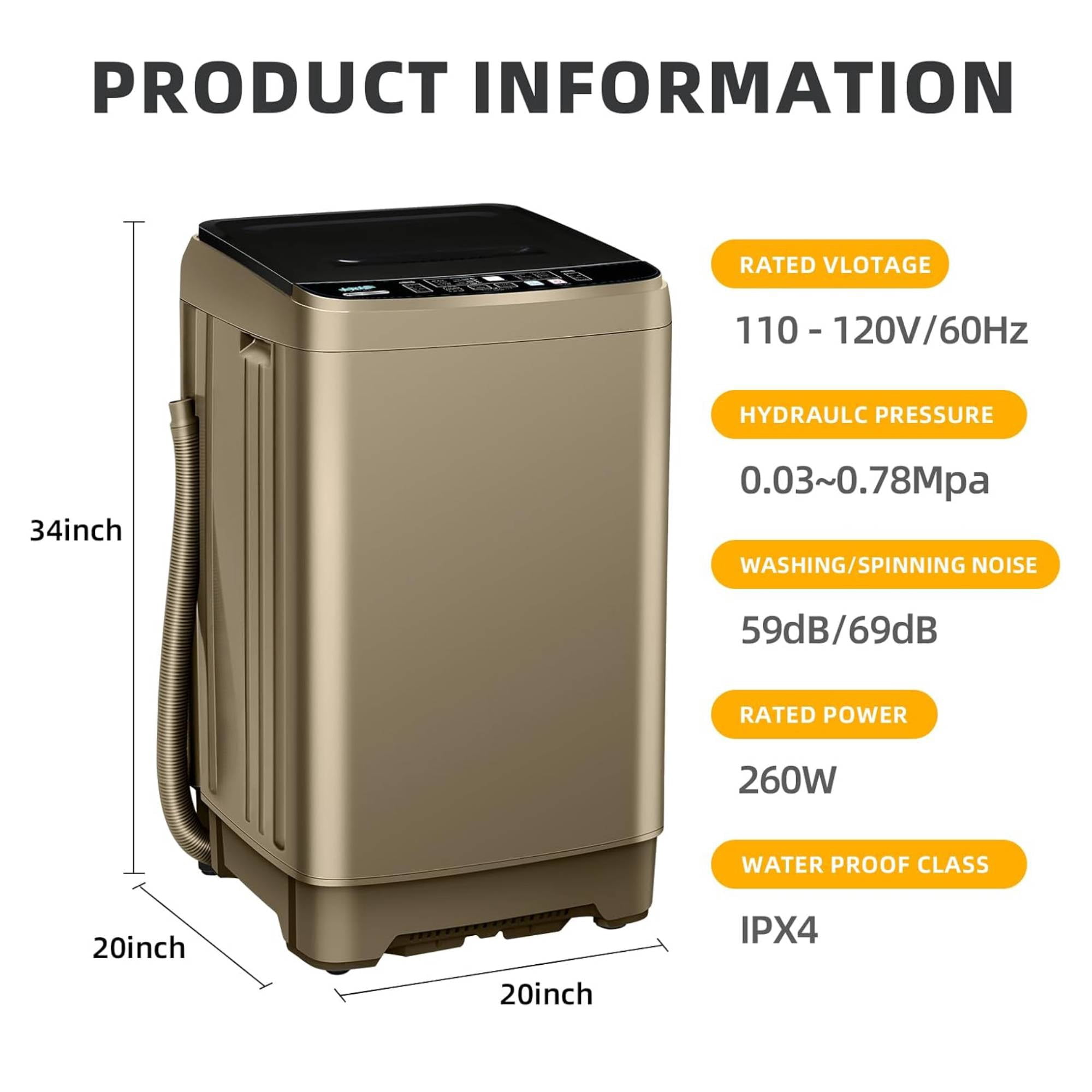 Portable Washing Machine 17.7 lbs Full Automatic Washer and dryer with 10 Programs & 8 Water Levels Lavadora Laundry Machine for Apartment,Bathroom,RV, Gold