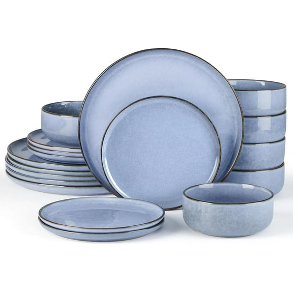18-Piece Reactive Glaze Dinnerware Sets, Ceramic Dishes Set for 6, Stoneware Plates and Bowls Dinning Ware, Microwave & Dishwasher Safe - Ocean Blue