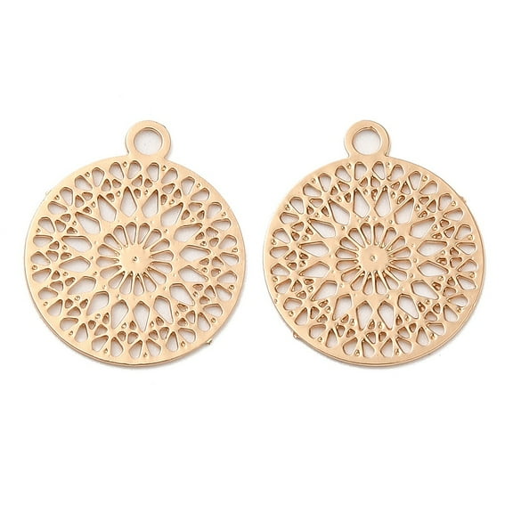 100 pc Long-Lasting Plated Brass Filigree Charms Flat Round Charm Light golden 14x12.5x0.3mm Hole: 1.2mm