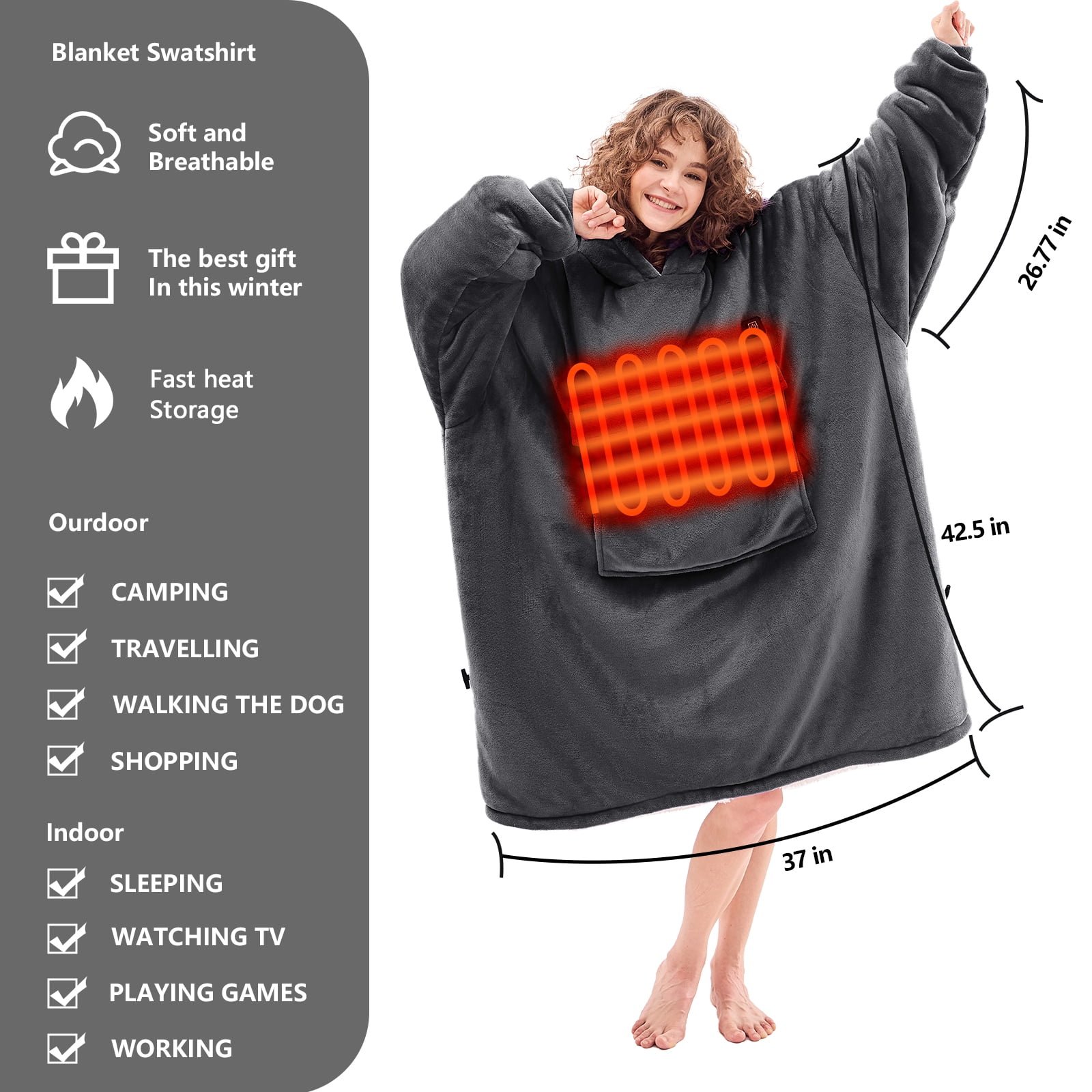 PMONPA Heated Wearable Blanket, Oversized Wearable Heated Blanket for Adult Extra Long Version, Sherpa Fleece Blanket Hoodie, One Size, Grey