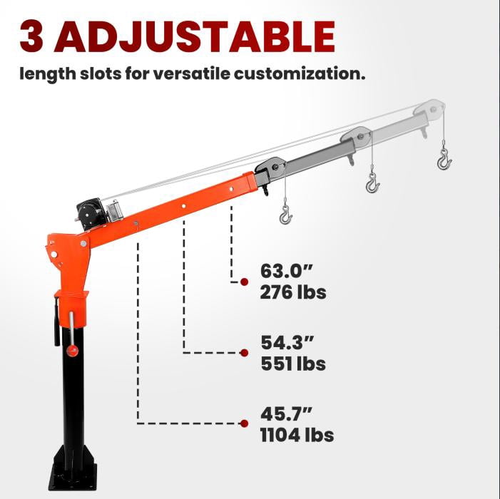 Muweixin 2000LBS 12V Pickup Truck Crane, 1100LBS Capacity 360° Rotatable with Electric Winch, Extendable Boom for Engine, ATV, Boat Lifting