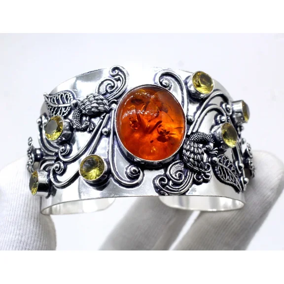 925 Sterling Silver Amber Gemstone Handmade Jewelry Cuff Bracelet