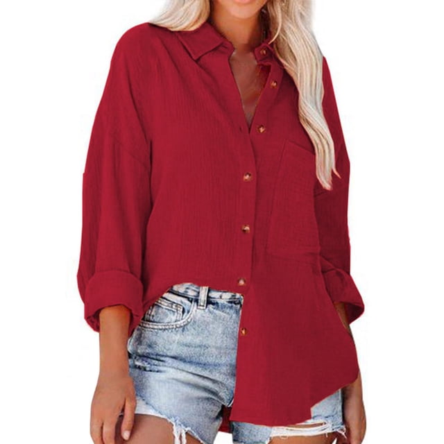 WTXUE Button-Up Shirts Long Sleeve, Notch Neck Shirts for Women Ladies Summer Stand Collar Loose Button up Women Shirts Pocket Shirts Tops Solid | Workwear for Women Red L