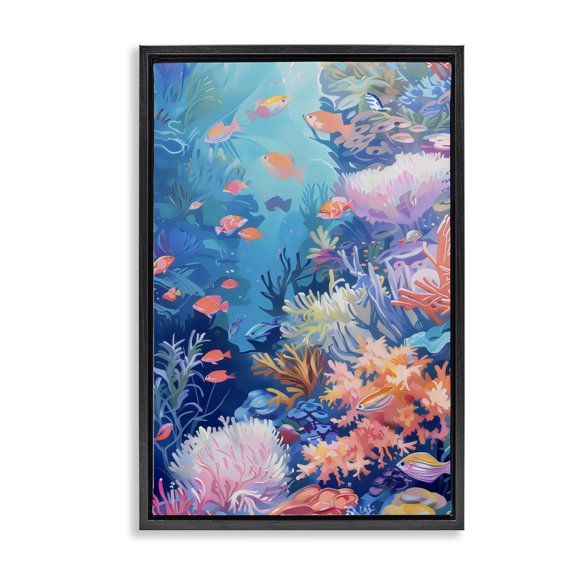 Stupell Industries Coastal Under The Sea Exotic Fish Black Floating Frame Canvas Art, 17 x 25, by LSR Design Studio