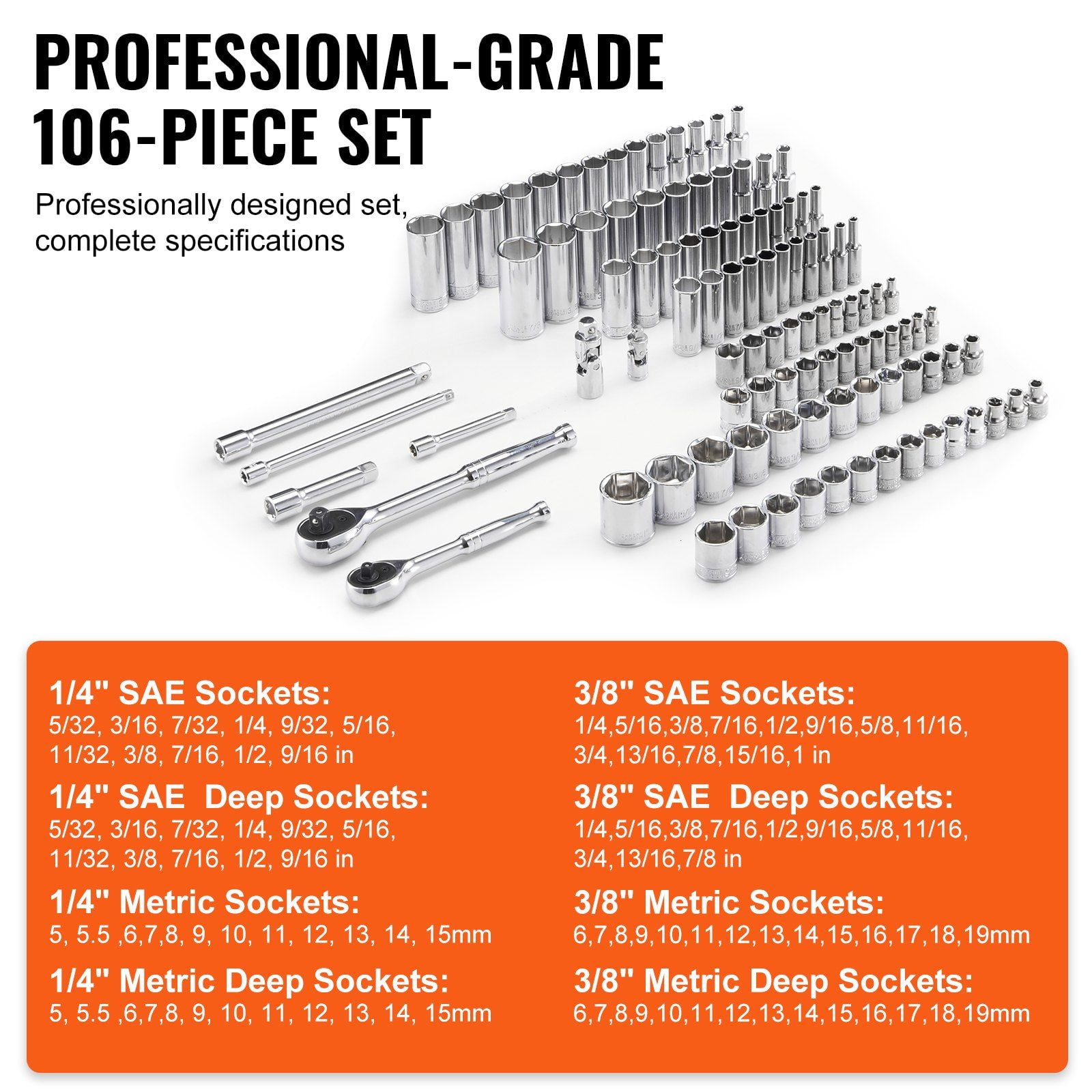 106-Piece Socket Set with 1/4" & 3/8" Drive  SAE & Metric  Standard & Deep Sockets  6-Point Design  Includes Ratchet & Accessories in Storage Case