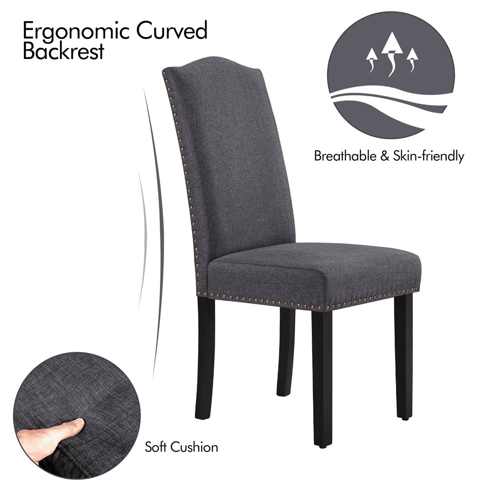 Alden Design 6pcs Fabric Padded Parson Dining Chairs with Nailhead Trim Wood Leg, Dark Gray