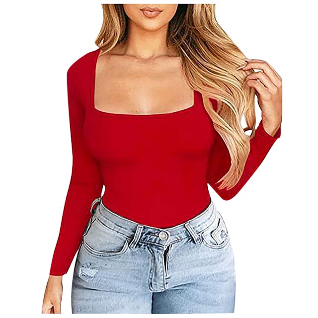 Moda mujer Slim Casual cuello cuadrado manga larga sólido camiseta blusa Tops Fridja ghj987+5086