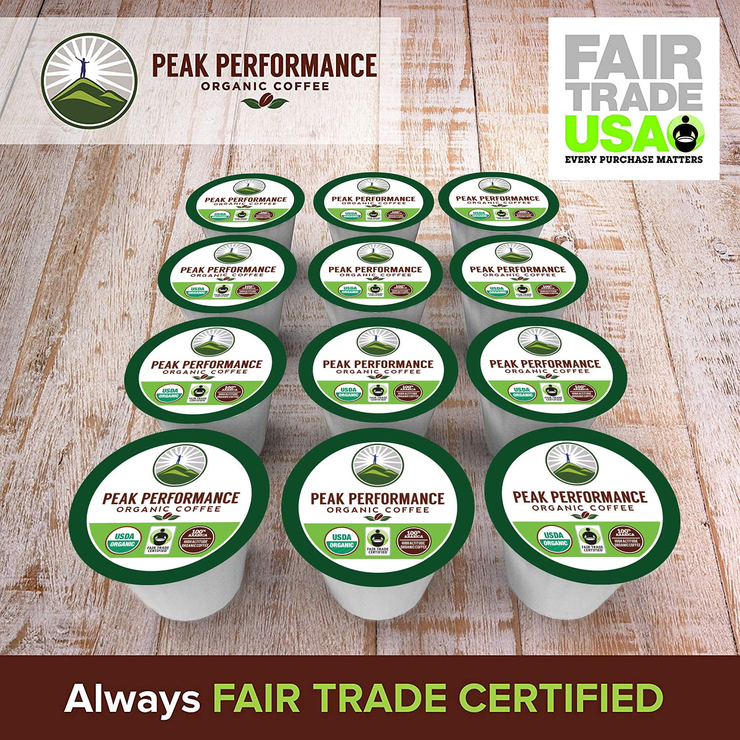 USDA Organic Coffee Pods. Compatible With K-CUP And Keurig Machines. High Altitude USDA Organic Coffee. Fair Trade Low Acid Beans Medium Roast Single Serve 24 Count Recyclable Cups