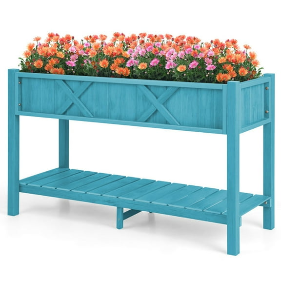 Resenkos Raised Planter Boxes, Large Space Elevated Flower Beds,Poly Wood Elevated Planter Box with Legs Storage Shelf Drainage Holes-Blue