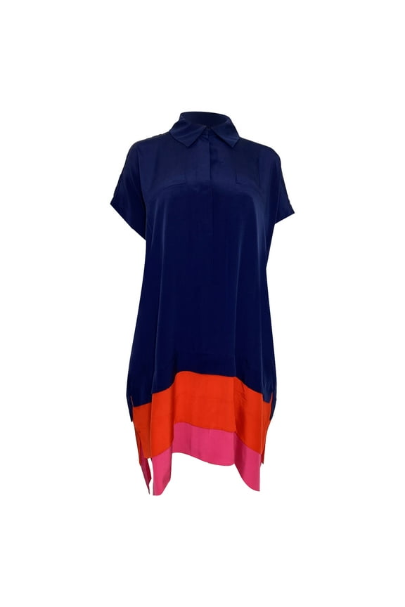 Pre-Owned Diane Von Furstenberg Hatsu Layered Colorblock Crepe De Chine Mini Shirt Dress in Navy Blue Silk