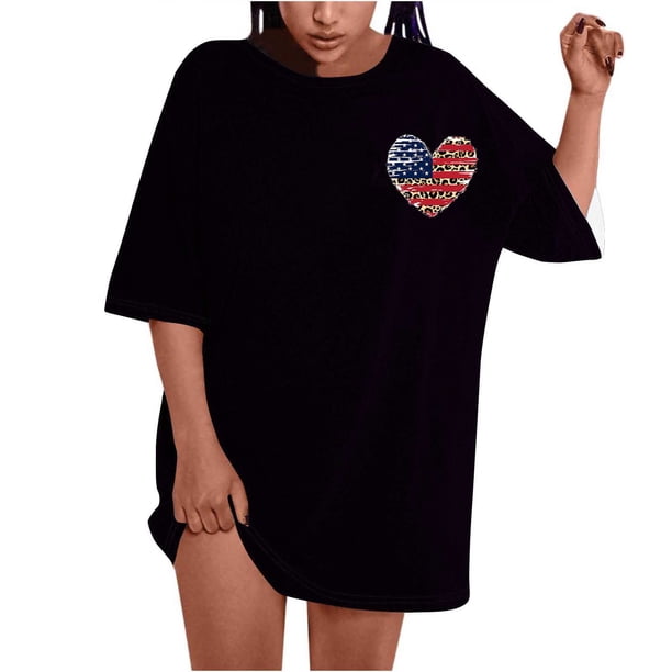Fiudx Liquidación de Ahorros de Verano Camiseta de Manga Corta con Cuello Redondo y Estampado Informal En La Parte Delantera y Trasera Del Día de La Independencia para Mujer