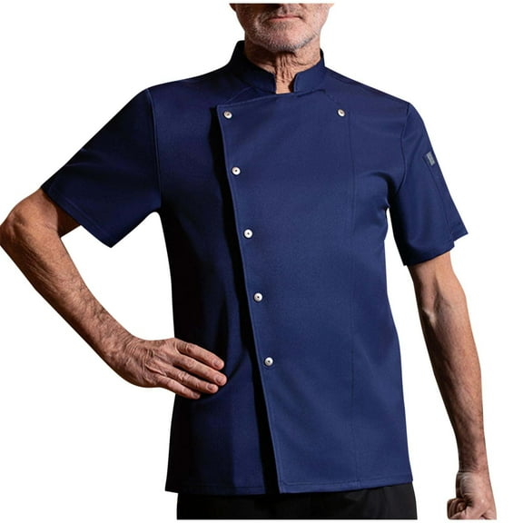 Ecqkame Mens Chef Shirts Solid Color Button Down Breathable Work Tops Short Sleeve Stand Up Collar Lightweight Shirt Blue M