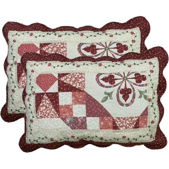 2-Piece Boho Cotton Quilted Bed Pillow Shams Floral Printed Patchwork Pillow Shams Set, Standard Size (606 Red, 20"x28")