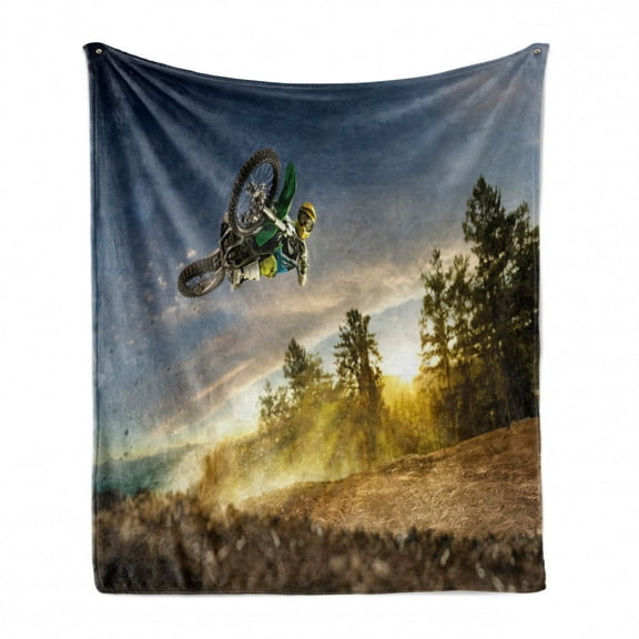 Teen Room Soft Flannel Fleece Blanket, Man on the Bike Racing in Earth Path Nature and Exotic Sports Success Theme Image, Cozy Plush for Indoor and Outdoor Use, 70" x 90", Multicolor, by Ambesonne