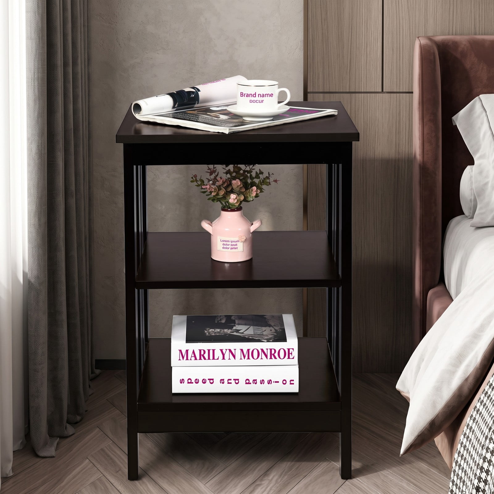 Furnibear 2 Pieces 3-Tier Nightstand, MDF Bedside End Side Table with Reinforced Bars, Open Shelf Storage Night Stand for Bedroom Living Room Entryway, Dark Brown