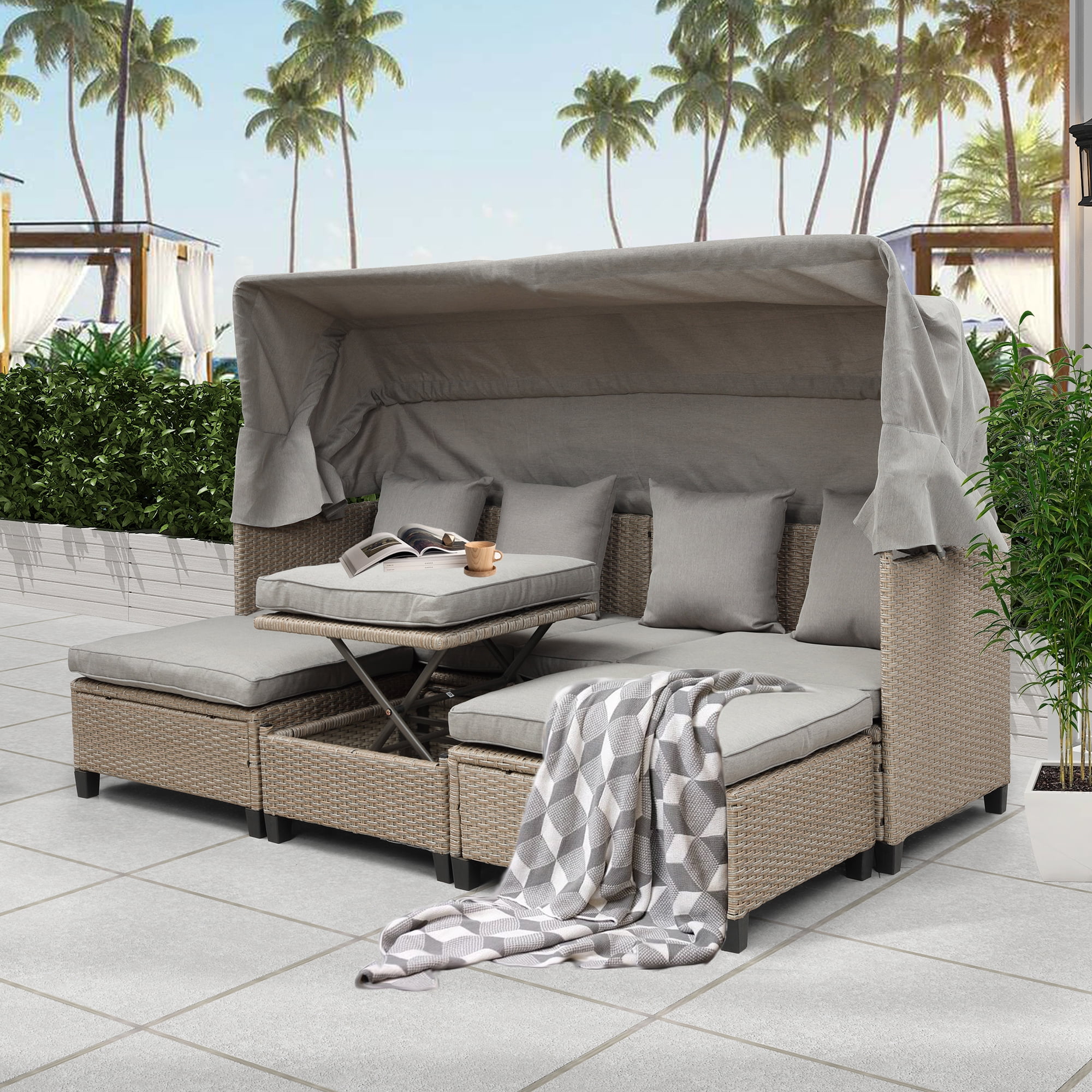 SEGMART Outdoor Patio Daybed with Retractable Canopy, 4-Piece Patio ...