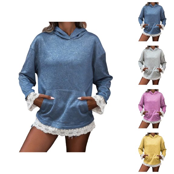 Lace Hoodies for Women 2025 Fall Winter Long Sleeve Cute Lace Trim Hooded Sweatshirt with Pockets Pullover Tops