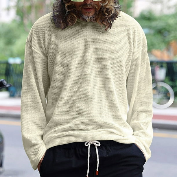 pstuiky Camisas de manga larga abrigadas para hombre, Camiseta informal de manga larga con cuello redondo y color liso para hombre camisetas de hombre l