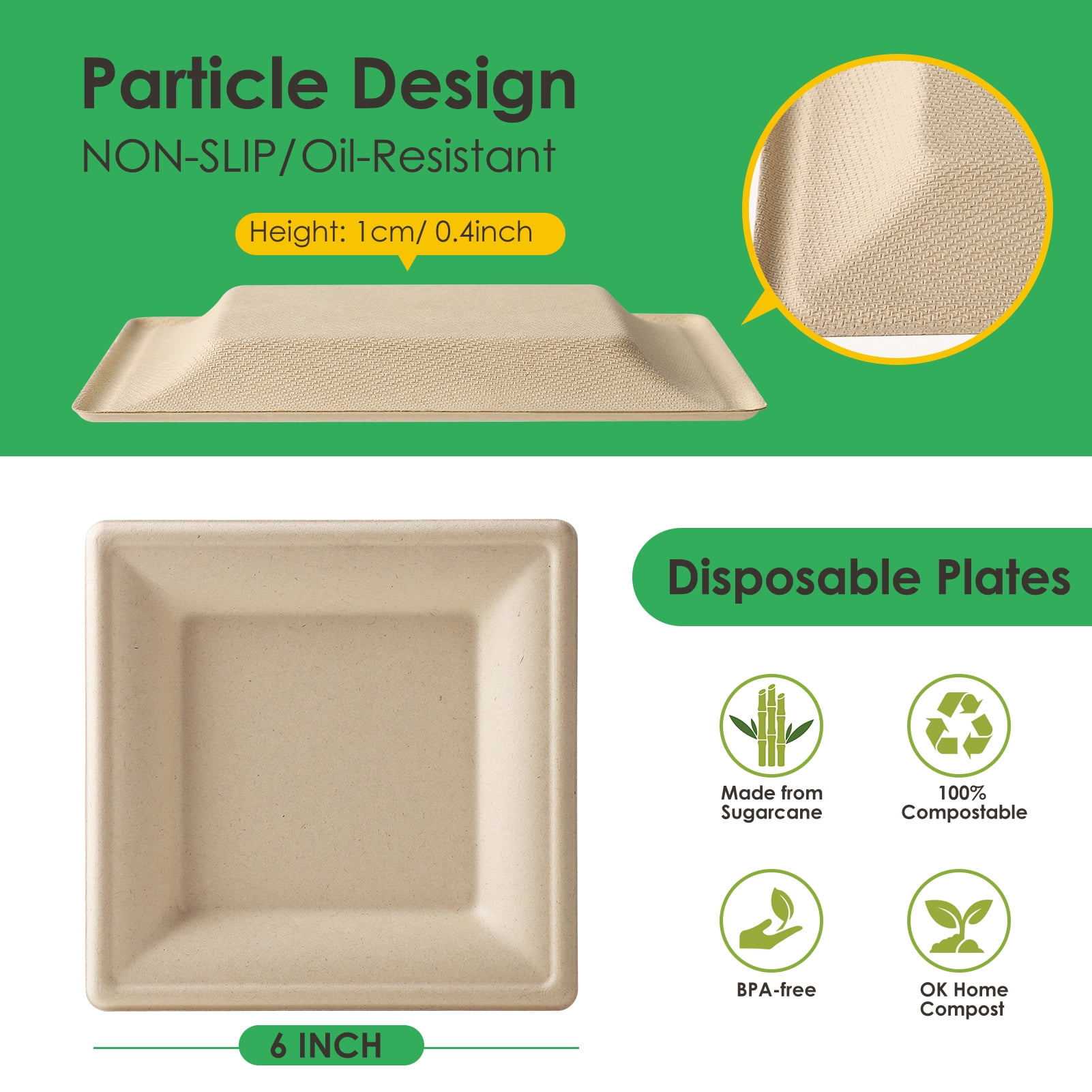 Gezond Compostable Square Plates 6 Inches, 100pcs Disposable Paper Plates, Eco-Friendly Heavy Duty Biodegradable Sugarcane Plates for Party Wedding Picnic