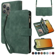 ELEHOLD for iPhone 15 Pro Max Wallet Crossbody Case,Large Capacity Card Slots Zipper Purse Kickstand Function Magnetic Clasp Shoulder Strap Wrist Lanyard Flip Leather Case for iPhone 15 Pro Max,Green