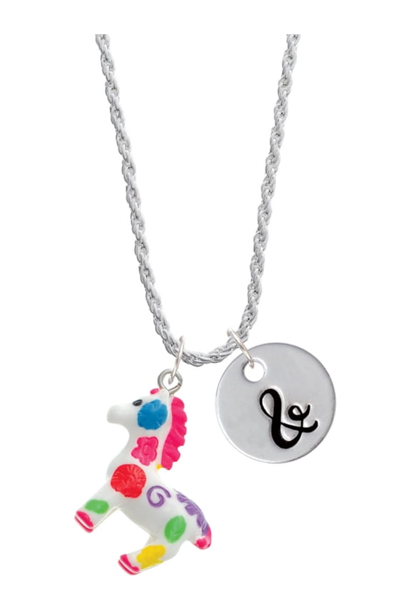 Resin Bright Paint Pony Silvertone Script Initial Disc - & - Charm Necklace, 20"+3"