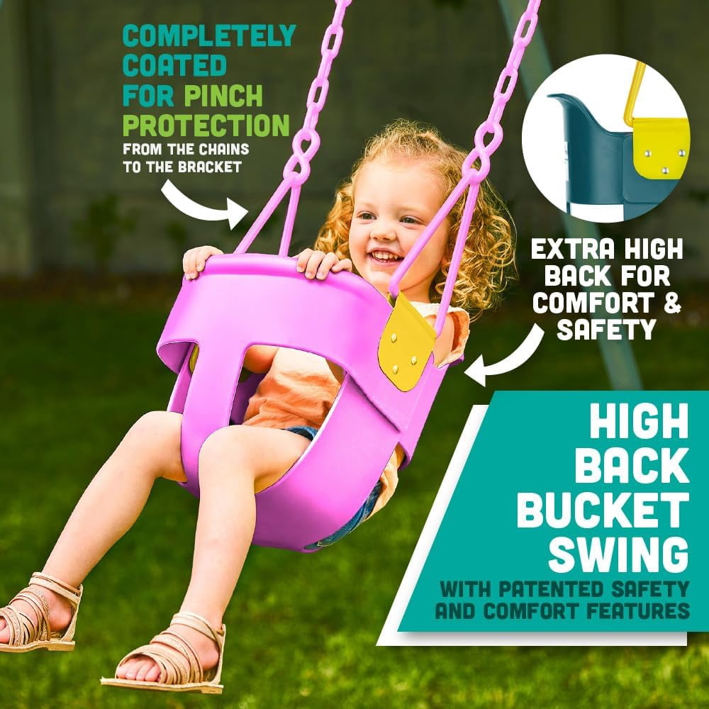 Squirrel Products High Back Full Bucket Toddler Swing Seat 3.0 with Finger Grip, Plastic Coated Chains and Carabiners for Easy Install - Pink